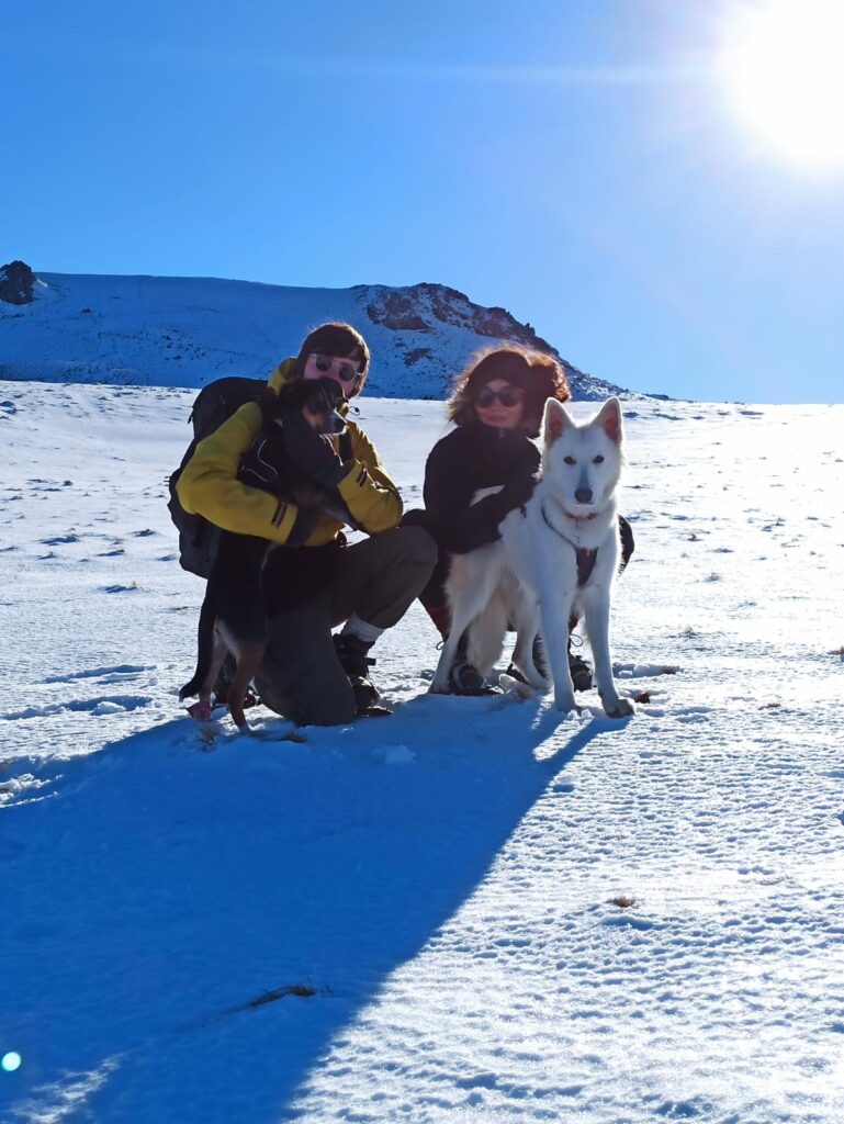 Les propriétaires et leurs chiennes lors d'une randonnée en hiver